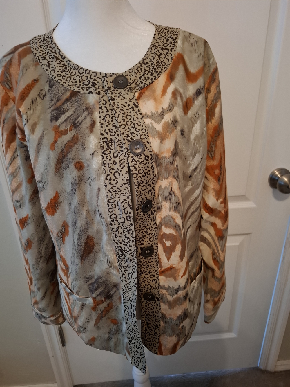 Chico's Multi-Pattern Animal-Print Button Jacket in Beige & Orange